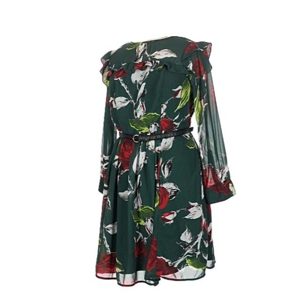 eShakti Green Floral Fit & Flare Dress Ruffle Faux Leather Belt 1X Dark Romantic - Picture 2 of 16